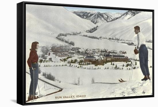 Sun Valley, Idaho, Skiers Looking Over Town-null-Framed Stretched Canvas