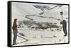 Sun Valley, Idaho, Skiers Looking Over Town-null-Framed Stretched Canvas