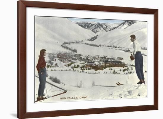 Sun Valley, Idaho, Skiers Looking Over Town-null-Framed Art Print