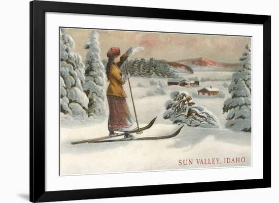 Sun Valley, Idaho, Woman Skier Looking Over Town-null-Framed Premium Giclee Print