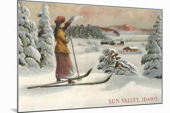 Sun Valley, Idaho, Woman Skier Looking Over Town-null-Mounted Premium Giclee Print