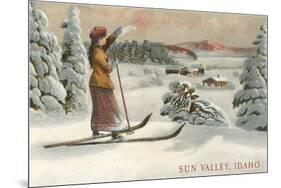 Sun Valley, Idaho, Woman Skier Looking Over Town-null-Mounted Premium Giclee Print