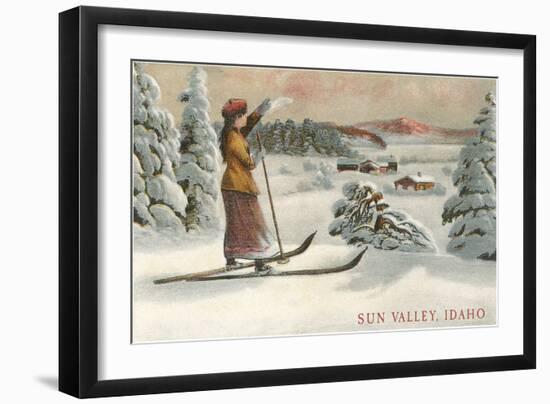 Sun Valley, Idaho, Woman Skier Looking Over Town-null-Framed Art Print