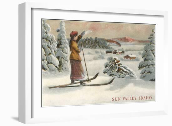 Sun Valley, Idaho, Woman Skier Looking Over Town-null-Framed Art Print