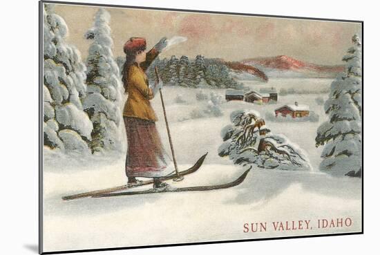 Sun Valley, Idaho, Woman Skier Looking Over Town-null-Mounted Art Print