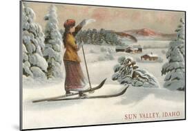 Sun Valley, Idaho, Woman Skier Looking Over Town-null-Mounted Art Print