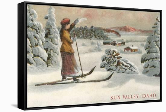 Sun Valley, Idaho, Woman Skier Looking Over Town-null-Framed Stretched Canvas