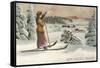 Sun Valley, Idaho, Woman Skier Looking Over Town-null-Framed Stretched Canvas