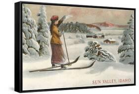 Sun Valley, Idaho, Woman Skier Looking Over Town-null-Framed Stretched Canvas