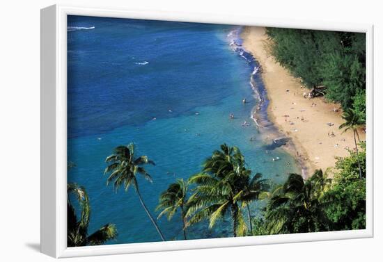 Sunbathers and blue Pacific waters at Ke'e Beach, North Shore, Island of Kauai, Hawaii, USA.-Russ Bishop-Framed Photographic Print