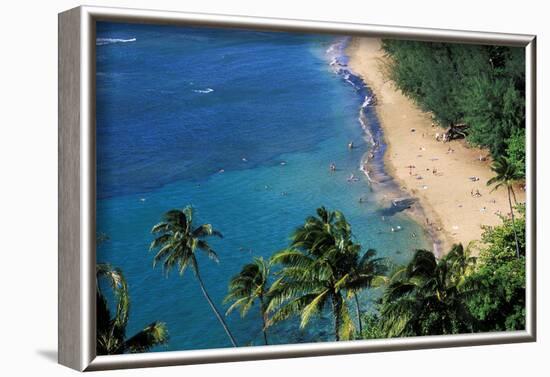 Sunbathers and blue Pacific waters at Ke'e Beach, North Shore, Island of Kauai, Hawaii, USA.-Russ Bishop-Framed Photographic Print