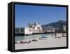 Sunbathers on Beach Near the Pier, Mondello, Palermo, Sicily, Italy, Europe-Martin Child-Framed Stretched Canvas