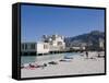 Sunbathers on Beach Near the Pier, Mondello, Palermo, Sicily, Italy, Europe-Martin Child-Framed Stretched Canvas