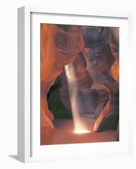 Sunbeam Illuminates Sandy Floor and Sandstone Walls of a Slot Canyon, Antelope Canyon, Page-Dennis Flaherty-Framed Photographic Print