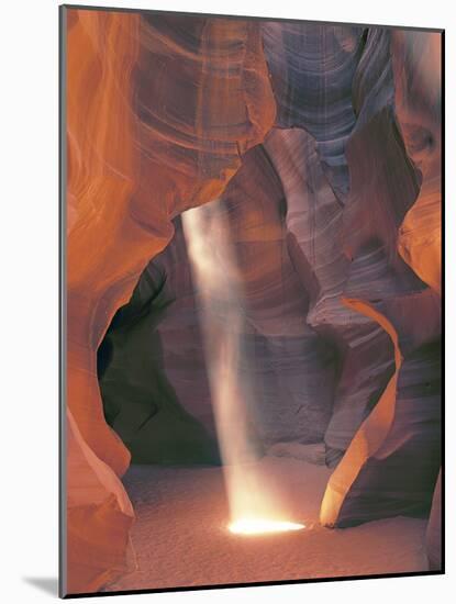 Sunbeam Illuminates Sandy Floor and Sandstone Walls of a Slot Canyon, Antelope Canyon, Page-Dennis Flaherty-Mounted Photographic Print