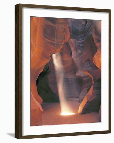 Sunbeam Illuminates Sandy Floor and Sandstone Walls of a Slot Canyon, Antelope Canyon, Page-Dennis Flaherty-Framed Photographic Print