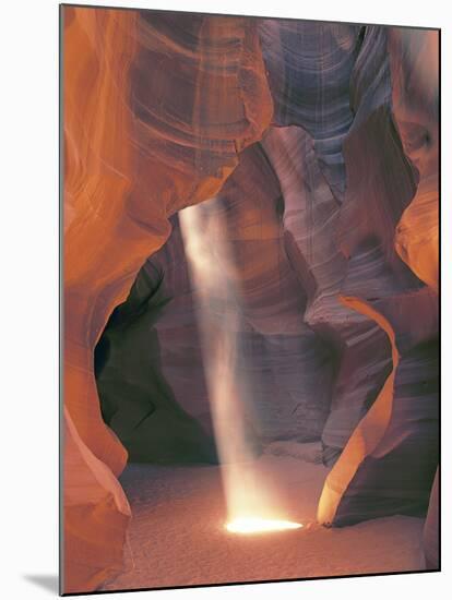 Sunbeam Illuminates Sandy Floor and Sandstone Walls of a Slot Canyon, Antelope Canyon, Page-Dennis Flaherty-Mounted Photographic Print