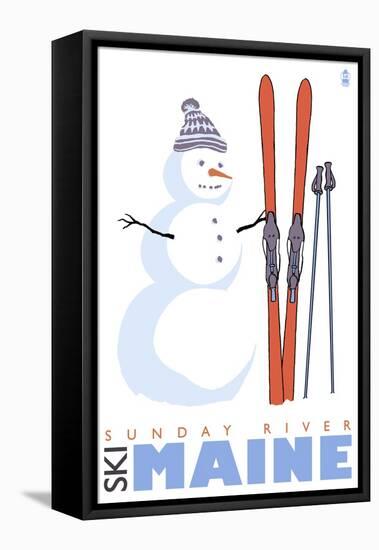 Sunday River, Maine, Snowman with Skis-Lantern Press-Framed Stretched Canvas