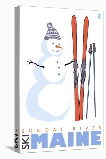 Sunday River, Maine, Snowman with Skis-Lantern Press-Stretched Canvas