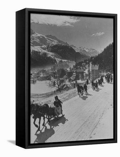 Sunday Sleigh-Rides in Snow-Covered Winter-Resort Village St. Moritz-Alfred Eisenstaedt-Framed Stretched Canvas