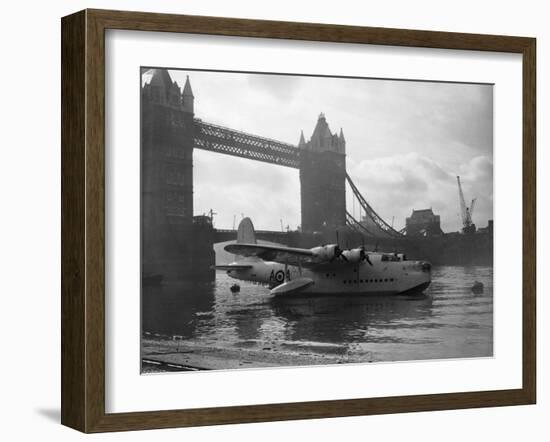 Sunderland Flying Boat Being Displayed by Tower Bridge-null-Framed Photographic Print