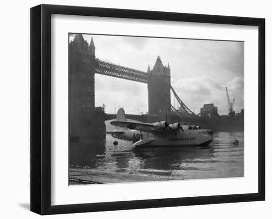 Sunderland Flying Boat Being Displayed by Tower Bridge-null-Framed Photographic Print