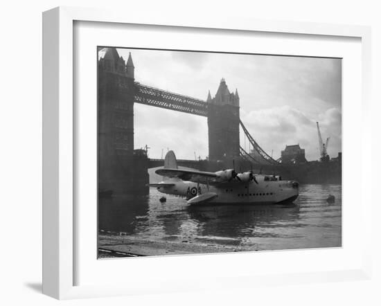 Sunderland Flying Boat Being Displayed by Tower Bridge-null-Framed Photographic Print