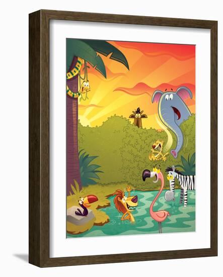 Sundown at the Water Hole - Jack & Jill-Gary LaCoste-Framed Giclee Print