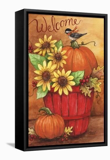 Sunflower And Pumpkin Red Basket Welcome 2-Melinda Hipsher-Framed Stretched Canvas