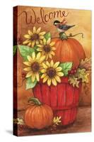 Sunflower And Pumpkin Red Basket Welcome 2-Melinda Hipsher-Stretched Canvas