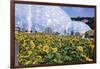 Sunflowers and the Humid Tropics Biome, the Eden Project, Near St. Austell, Cornwall, England-Jenny Pate-Framed Photographic Print