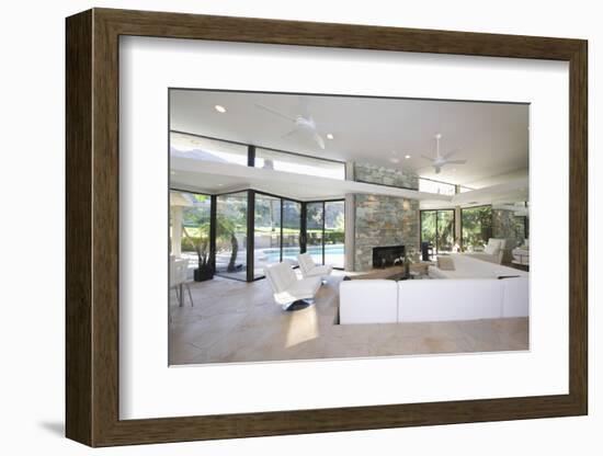 Sunken Seating Area and Exposed Stone Fireplace in Spacious Living Room with View-Nosnibor137-Framed Photographic Print