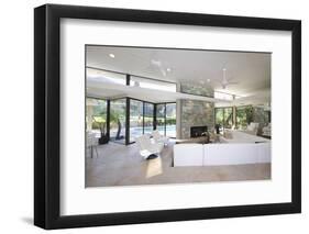 Sunken Seating Area and Exposed Stone Fireplace in Spacious Living Room with View-Nosnibor137-Framed Photographic Print