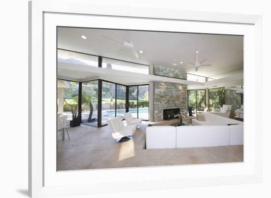 Sunken Seating Area and Exposed Stone Fireplace in Spacious Living Room with View-Nosnibor137-Framed Photographic Print