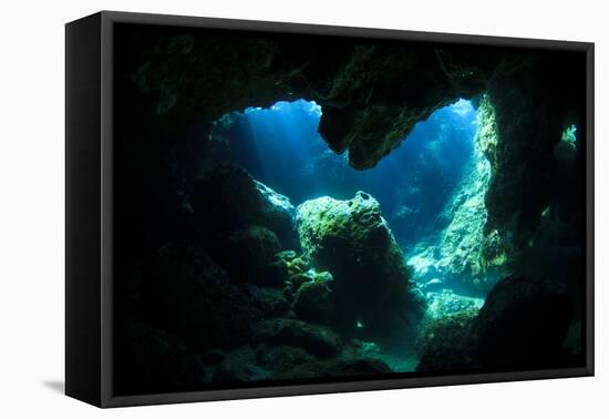 Sunlight Enters Underwater Cave like a Spotlight-Rich Carey-Framed Stretched Canvas