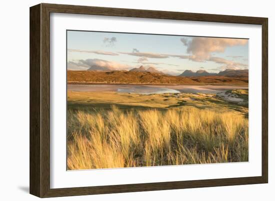 Sunlit Grass and Dunes at Achnahaird Bay and the Mountains of Assynt, North West Scotland-Stewart Smith-Framed Photographic Print