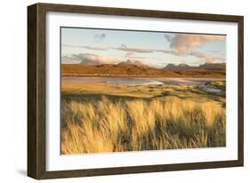 Sunlit Grass and Dunes at Achnahaird Bay and the Mountains of Assynt, North West Scotland-Stewart Smith-Framed Photographic Print