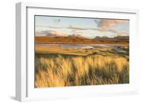 Sunlit Grass and Dunes at Achnahaird Bay and the Mountains of Assynt, North West Scotland-Stewart Smith-Framed Photographic Print