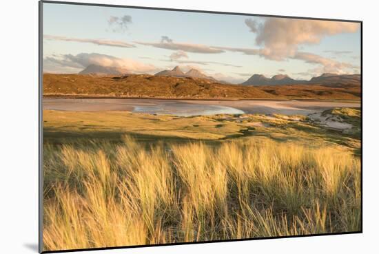 Sunlit Grass and Dunes at Achnahaird Bay and the Mountains of Assynt, North West Scotland-Stewart Smith-Mounted Photographic Print