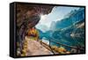 Sunny Autumn Scene of Vorderer ( Gosausee ) Lake. Colorful Morning View of Austrian Alps, Upper Aus-null-Framed Stretched Canvas