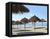 Sunny Beach and Palapas-Randy Faris-Framed Stretched Canvas