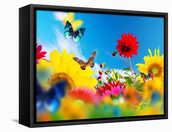 Sunny Garden Of Flowers And Butterflies. Colors Of Spring And Summer-Michal Bednarek-Framed Stretched Canvas