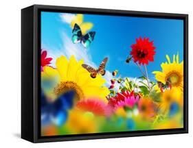 Sunny Garden Of Flowers And Butterflies. Colors Of Spring And Summer-Michal Bednarek-Framed Stretched Canvas