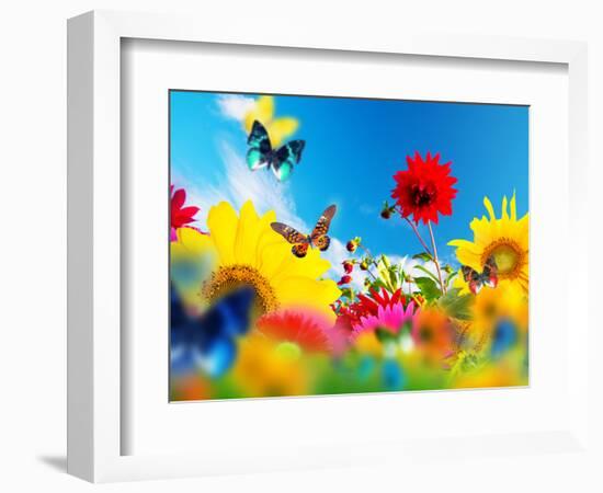 Sunny Garden Of Flowers And Butterflies. Colors Of Spring And Summer-Michal Bednarek-Framed Photographic Print