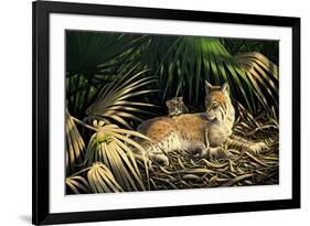 Sunny Spot Bobcat with Kittens-Wilhelm Goebel-Framed Giclee Print