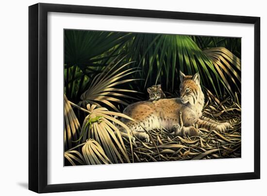 Sunny Spot Bobcat with Kittens-Wilhelm Goebel-Framed Giclee Print