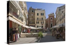 Sunny Square w Church, Pavement Cafes and Small Shops, Island of Corfu, Ionian Island, Greece-James Emmerson-Stretched Canvas
