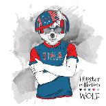 Illustration of Wolf Dressed up in the Glasses and in the T-Shirt with Print of USA Flag. Vector Il-Sunny Whale-Art Print