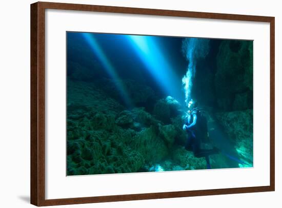 Sunrays Shine on Scuba Diver in the Devils Den Spring, Florida-James White-Framed Photographic Print