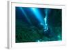 Sunrays Shine on Scuba Diver in the Devils Den Spring, Florida-James White-Framed Photographic Print